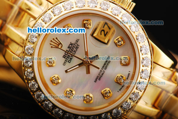 Rolex Datejust Oyster Perpetual Automatic Full Gold with Diamond Bezel and Diamond Markers-White Dial-Lady Size - Click Image to Close